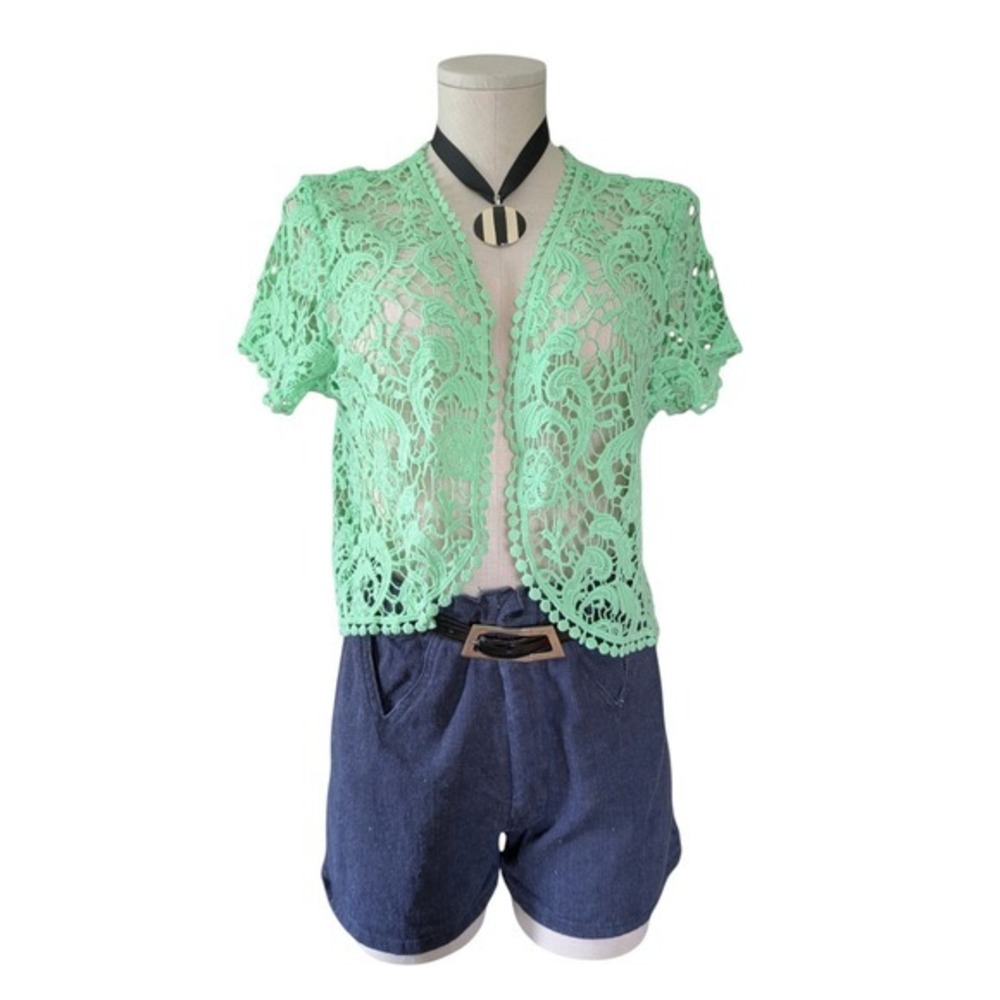 Liz Claiborne Mint Green Floral Crochet Lace Cotton Shrug Cardigan Womens M